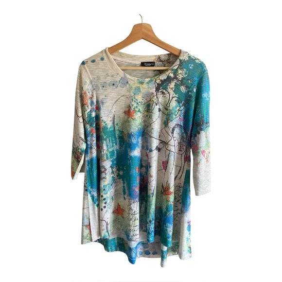 Inoah Women’s Top S Art To Wear Tunic Nautical Multicolored 3/4 Sleeve Lagenlook - Picture 2 of 11
